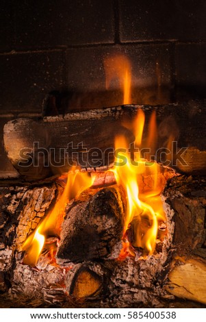 fireplace burning, the flames in the fireplace and sparks, prepare to fire on a background of a brick wall, wood and ash.