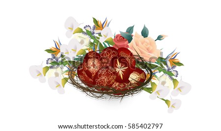 Easter eggs, traditionally painted with religious cross ornaments, with flowers in a crown of thorns. 
