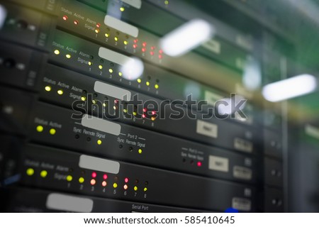 Close-up of towers in server room Royalty-Free Stock Photo #585410645