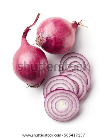 red onions isolated on white background, top view Royalty-Free Stock Photo #585417137