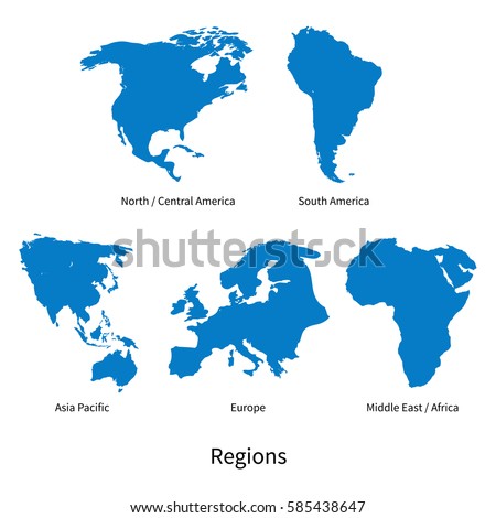 Detailed vector map of North - Central America, Asia Pacific, Europe, South America, Middle and East Africa, Regions on white Royalty-Free Stock Photo #585438647