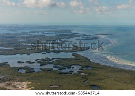 Aerial view of city Bradenton, Florida. Approach to land at the airport in St. Petersburg. Manatee River, Florida