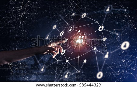 Background conceptual image with social connection lines on dark backdrop Royalty-Free Stock Photo #585444329