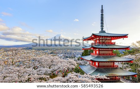 Fuji-san and Chureito Pagoda in Sakura Cherry blossom, Yamanashi, Japan Royalty-Free Stock Photo #585493526