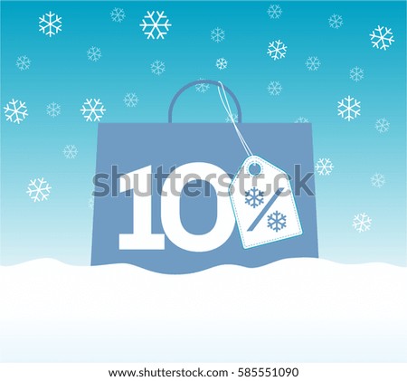 Blue shopping bag with 10% text and a snowflake percent design price tag label on it on snow background. For winter sale campaigns.