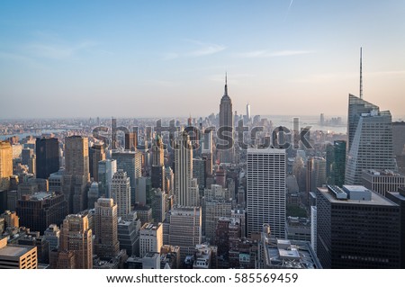 Aerial view of Manhattan skyline, New York City, USA during afternoon Royalty-Free Stock Photo #585569459