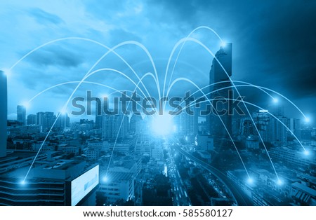 Business networking connection concept and Wi-Fi in city.Technology communication.Background blur building in the capital.