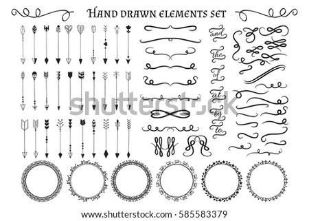 Decorative hand drawn design elements big set: arrows, frames, swirls, deviders and flourishes. Vector illustration.