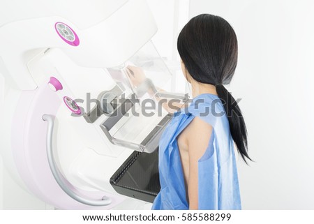 Side View Of Woman Undergoing Mammogram X-ray Test Royalty-Free Stock Photo #585588299