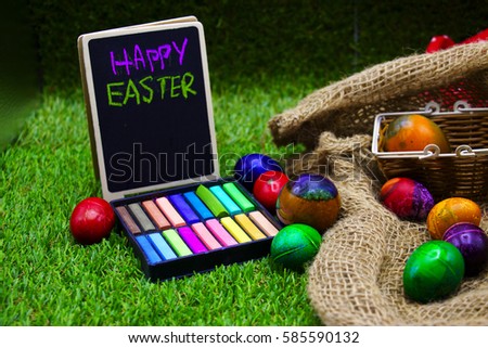 Happy Easter with Concept of School holiday with Easter eggs on green grass with  color chalk