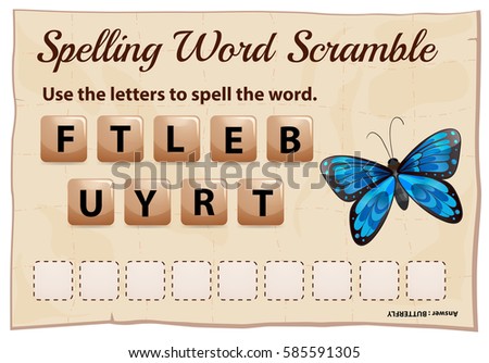 Spelling word scramble game template for butterfly illustration