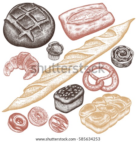 Bakery set. Bread white and black, brioche, ciabatta, croissant, French baguette, bun, pretzel, donut, muffin, loaf isolated on white background. Vector food illustration art. Vintage engraving.