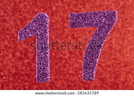 Number seventeen purple color over a red background. Anniversary. Horizontal