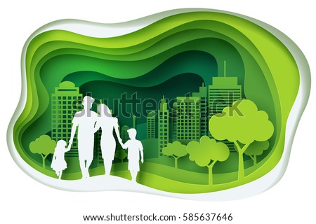 Paper art carving of family and park on green town shape, ecology idea, vector art and illustration. Royalty-Free Stock Photo #585637646