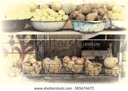 Fruit Market with Various Fresh Fruits and Vegetables in the City of Jaffa in Israel. Vintage Style Toned Picture 