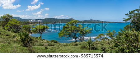 Panoramic view of a tropical Caribbean lagoon and resort beach with green vegetation and trees in the foreground and a cruise ship.