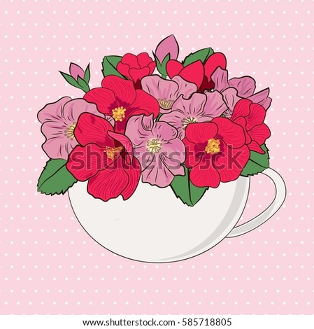 Wild roses bouquet of flowers in the cup on the tender polka dots background. Vintage style spring vector picture.