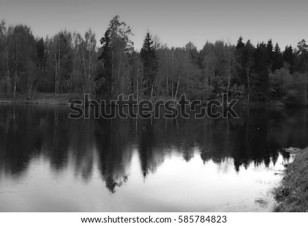 Trees reflected in the water. Black and white. save the Earth.