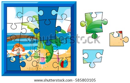 Jigsaw game with blue board illustration