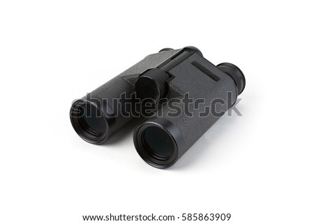 Black binoculars isolated on white background studio shot. Focus stacking. Extreme depth of field.