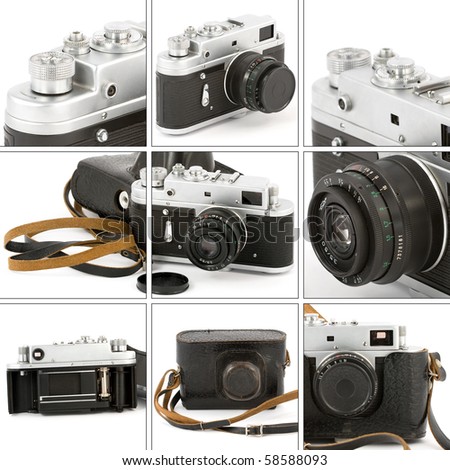 Montage with closeups of a vintage camera.