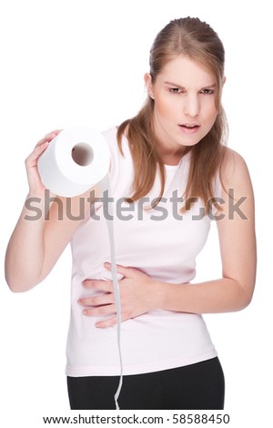 Full isolated studio picture from a young woman with toilet paper