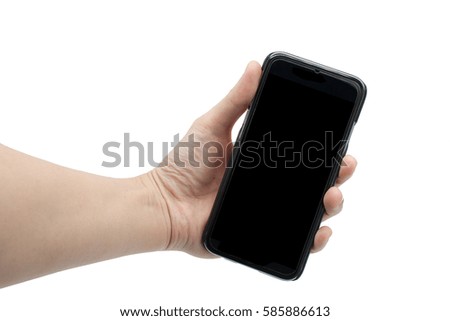 Woman hand holding mobile phone isolated on white background.