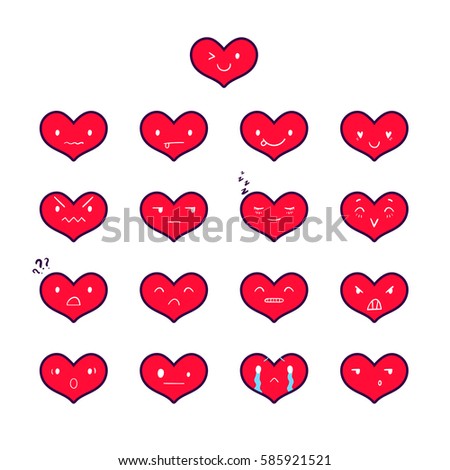 Heart emoticons with different emotions, vector set of various hand-drawn outline cute expressions, EPS 8