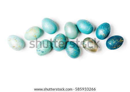 Stylish background of ombre blue Easter eggs isolated on white. Dyed Easter eggs Royalty-Free Stock Photo #585933266