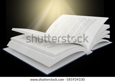 3D rendering of open book with bright light on black background