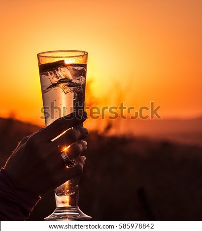 Picture of a drink with sunset as  background (sundowner) in South Africa. Royalty-Free Stock Photo #585978842
