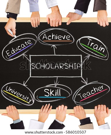 Photo of business hands holding blackboard and writing SCHOLARSHIP concept