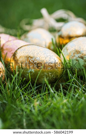 Golden Easter Eggs on green Grass Background, Space for Text
