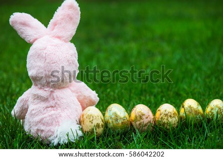 Easter Bunny and Golden Easter Eggs on green Grass Background, Space for Text