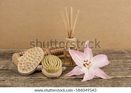 Beautiful composition with aromatic oil and massage brushes on wooden background, weight loss and body care concept
