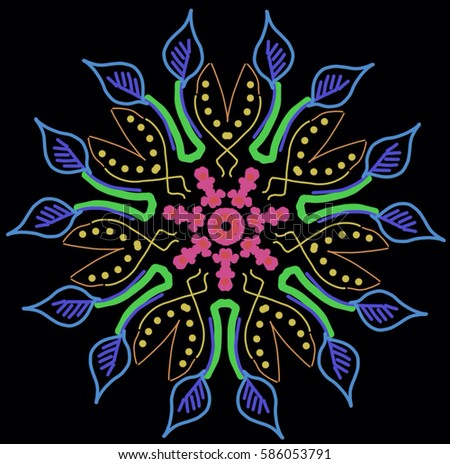 A hand drawing mandala made of blue, green and pink on a black background.