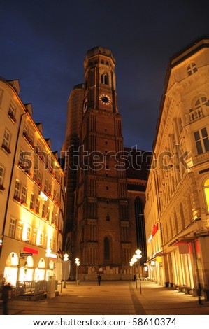 Night shot of Frauenkirche (Cathedral) seen from the Marienplatz. This is the medieval cathedral which is the best-known symbol of Munich.