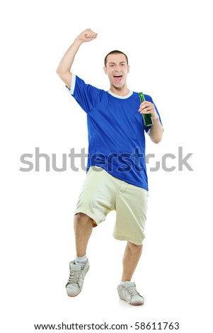 Excited football fan with a beer in his hand watching sport isolated on white background