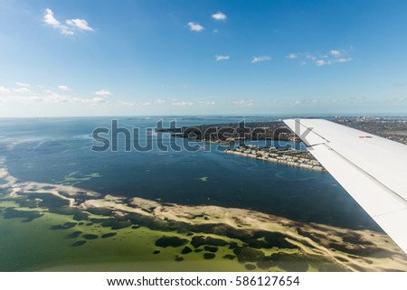 Aerial view on  Sunshine Skyway Bridge, Florida. Gorgeous blue sea and bridge in the background near the St. Petersburg
