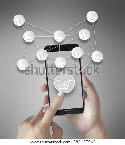 Man using mobile payments online shopping and icon customer network connection on screen, m-banking and omni channel