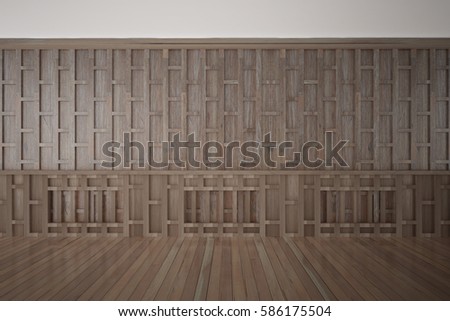Wood wall thai style and wood floor  room- 3d rendering