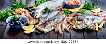 Seafood. Healthy diet eating concept. View from above Royalty-Free Stock Photo #586179131