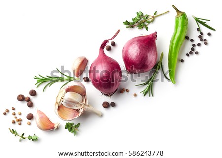 Diagonal composition of red onions, garlic and various spices isolated on white background, top view Royalty-Free Stock Photo #586243778
