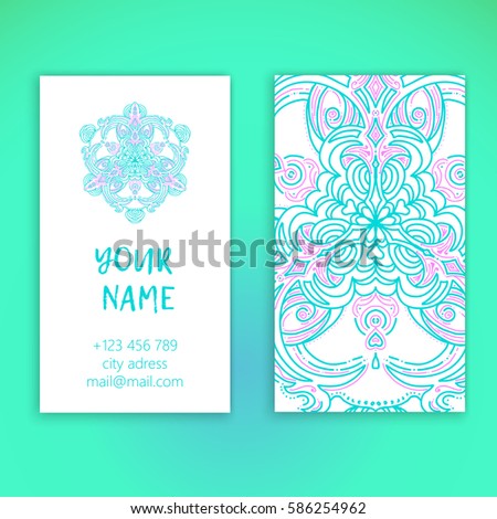 Floral mandala pattern and ornaments. Vector vintage visiting card set. Front page and back page. Oriental design Layout. Islam, Arabic, Indian motifs