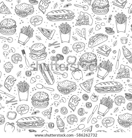 Fast food. Seamless background. Vector fast food pattern. Royalty-Free Stock Photo #586262732