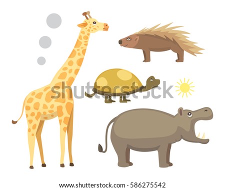 African animals cartoon vector set. elephant, rhino, giraffe, cheetah, zebra, hyena, lion, hippo, crocodile, gorila and outhers. safari isolated illustratio.