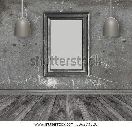Home interior with empty photo frame and chandelier on grungy wall background. Copy space.