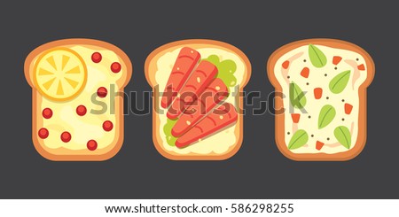 Set toasts and sandwich breakfast. Bread toast with jam, egg, cheese, blueberry, peanut butter, salami, fish. Flat vector illustration.