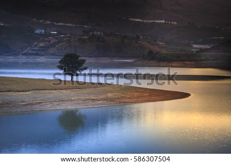 lonely tree on the lake with surrounding mountains in the dawn. On the lake surface  reflected the first rays of dawn in the high mountains of Dalat city. Picture is taken with a long exposure time

 