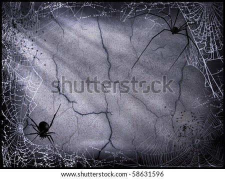 Halloween dark background, template cracked wall with spiders and cobwebs
